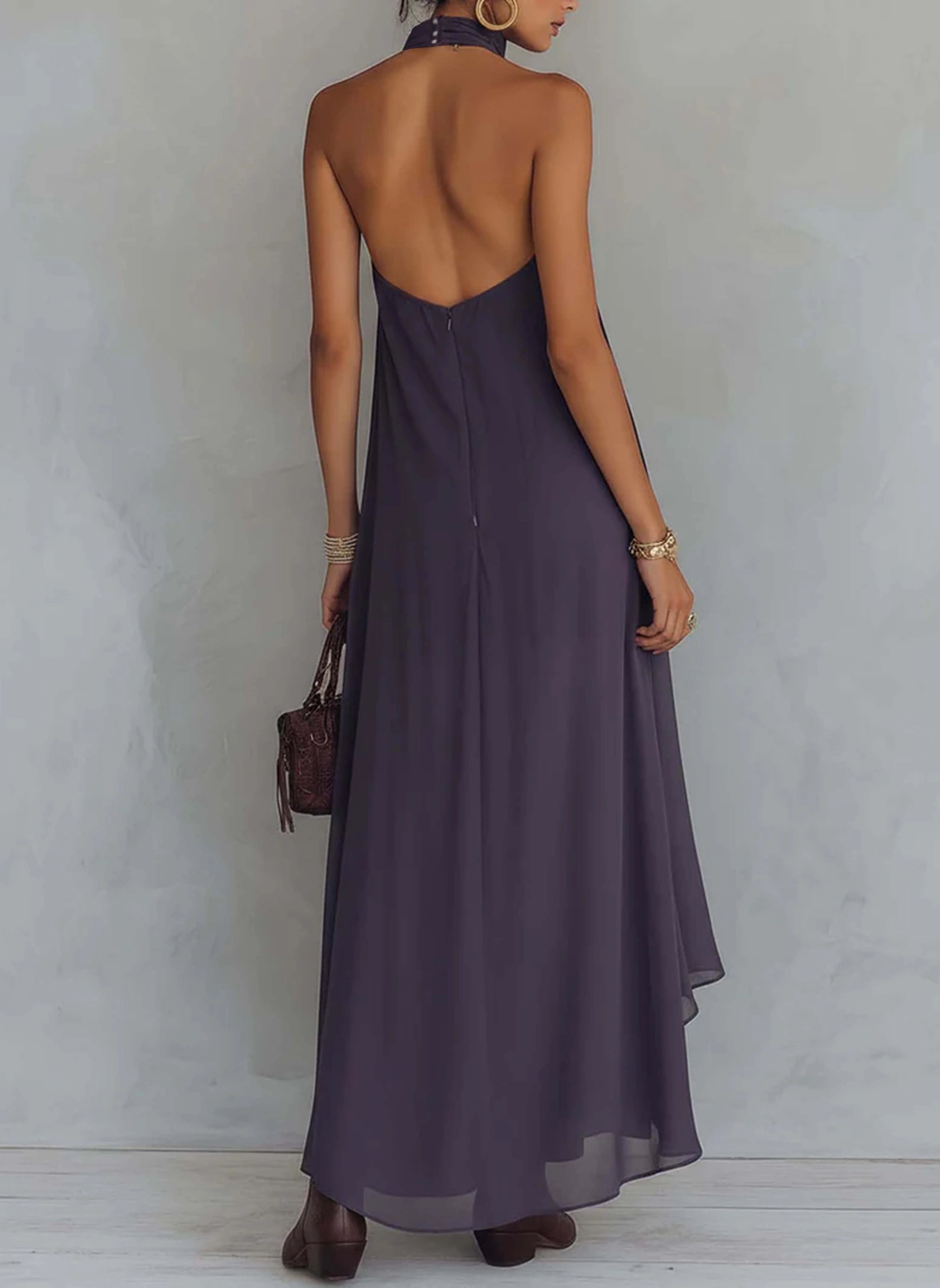 Purple Vintage Embroidered Chiffon Maxi Dress