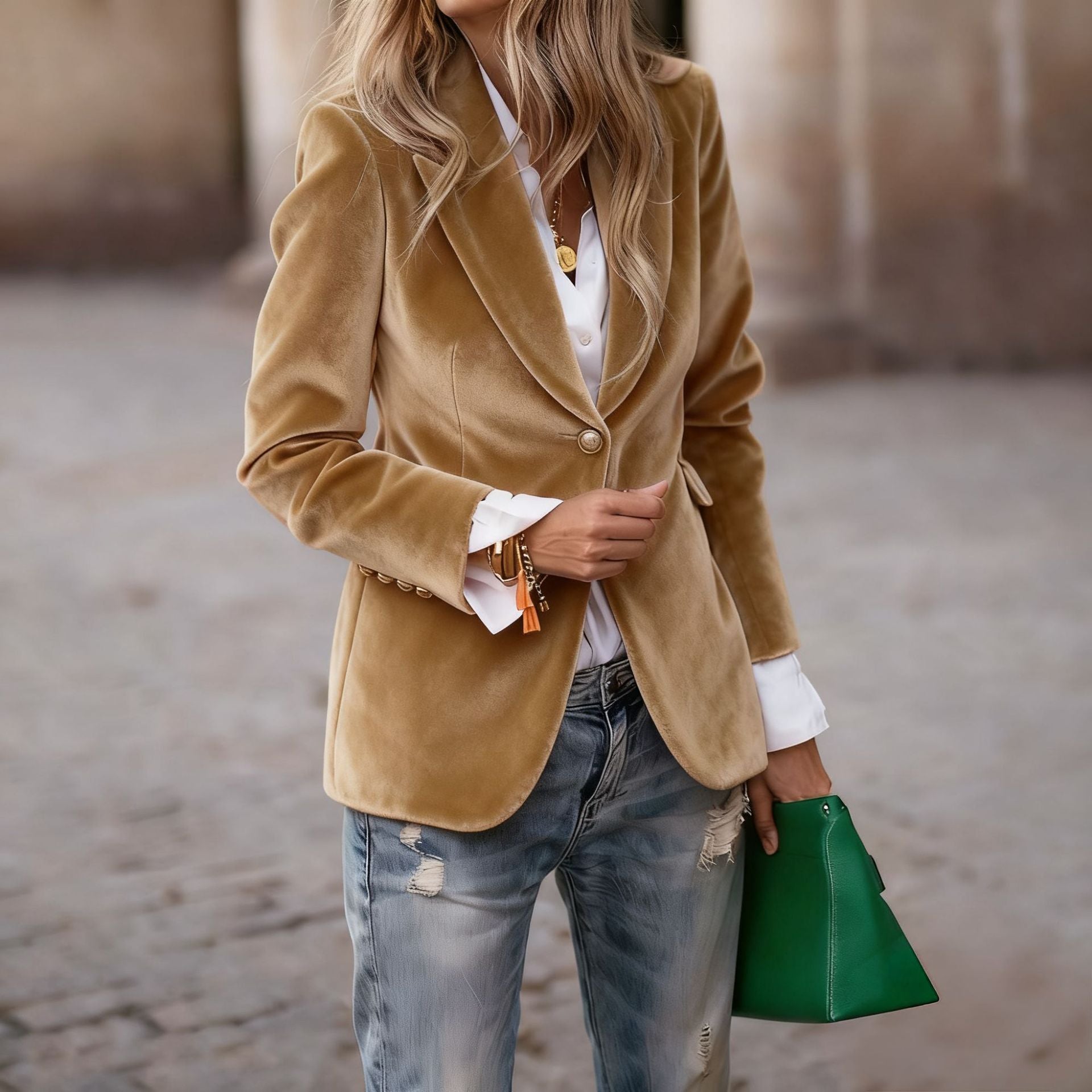 Elegant Velvet Slim-fit Faux Pocket Suit Jacket