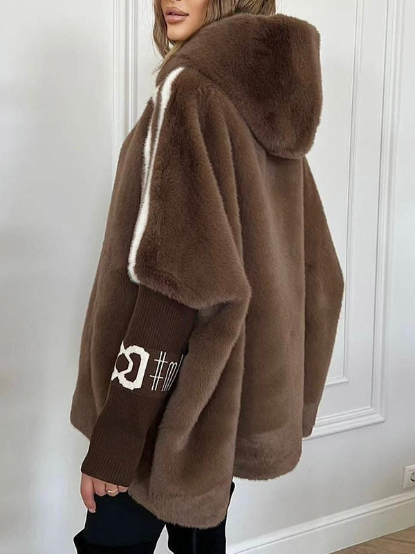 Plush Hooded Vertical Stripe Printed Casual Coat