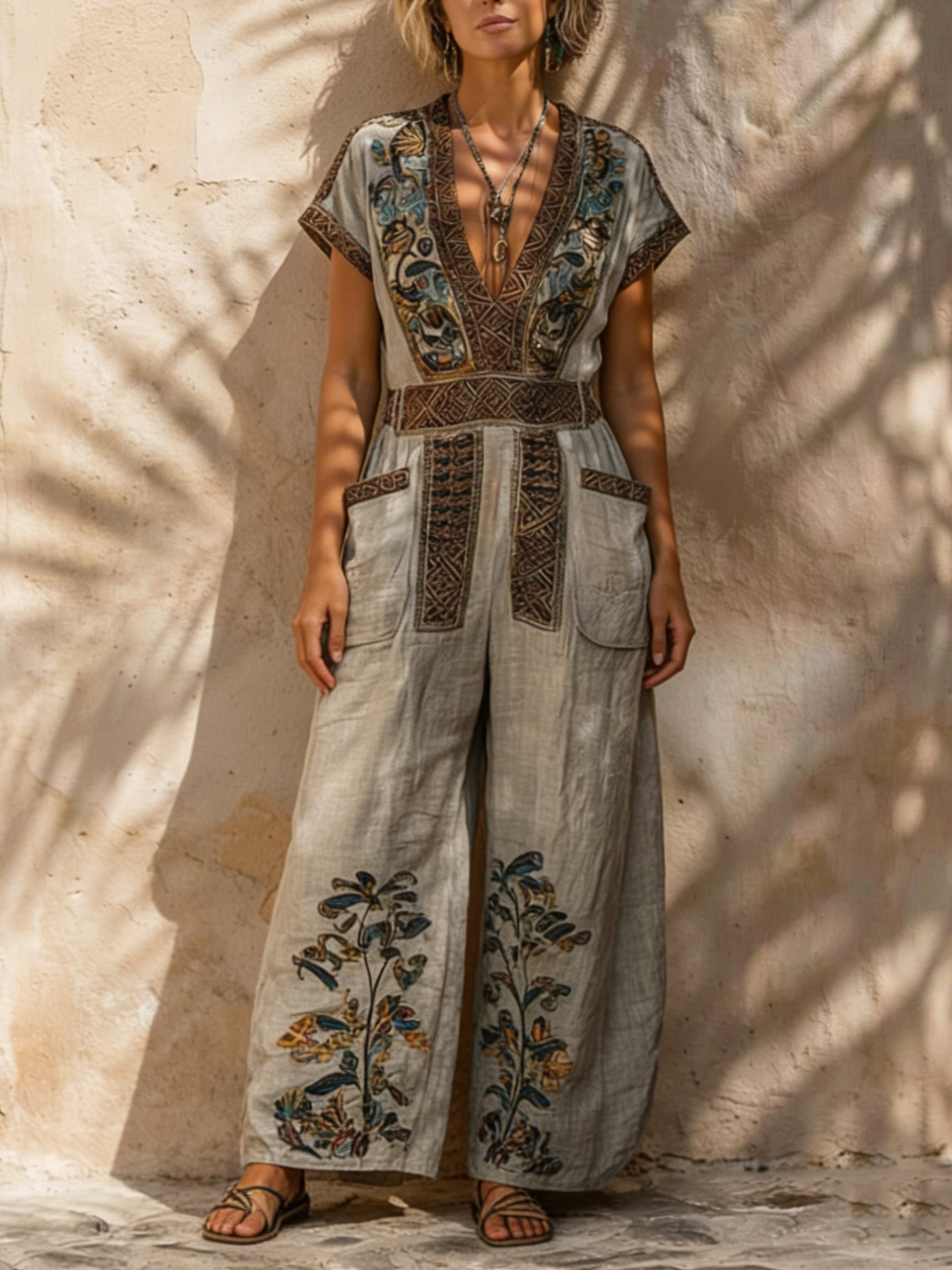 Effortless Bohemian-Style Retro Print Loose-Fit Jumpsuit