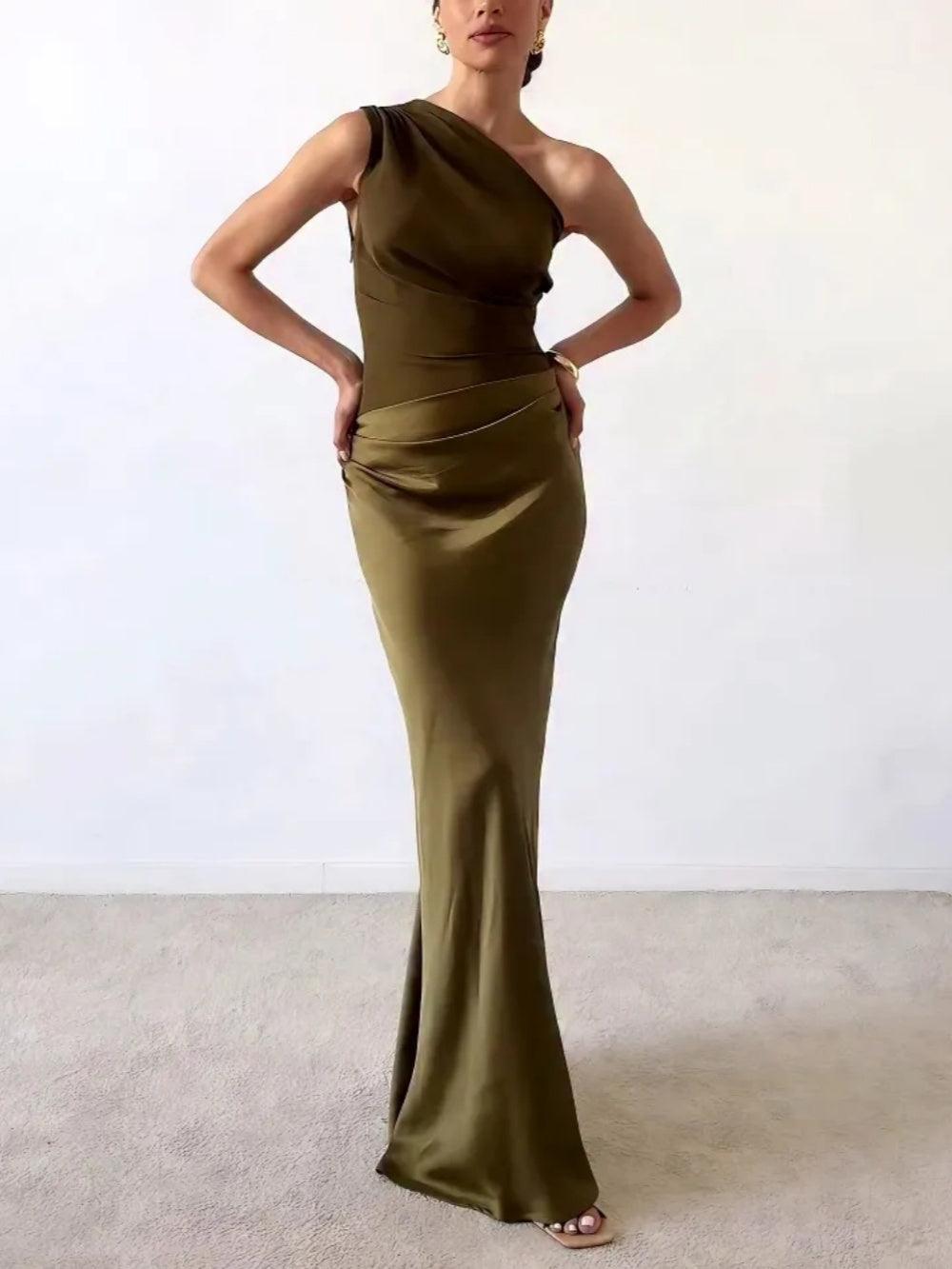 One Shoulder Neck Pleated Party Maxi Dress