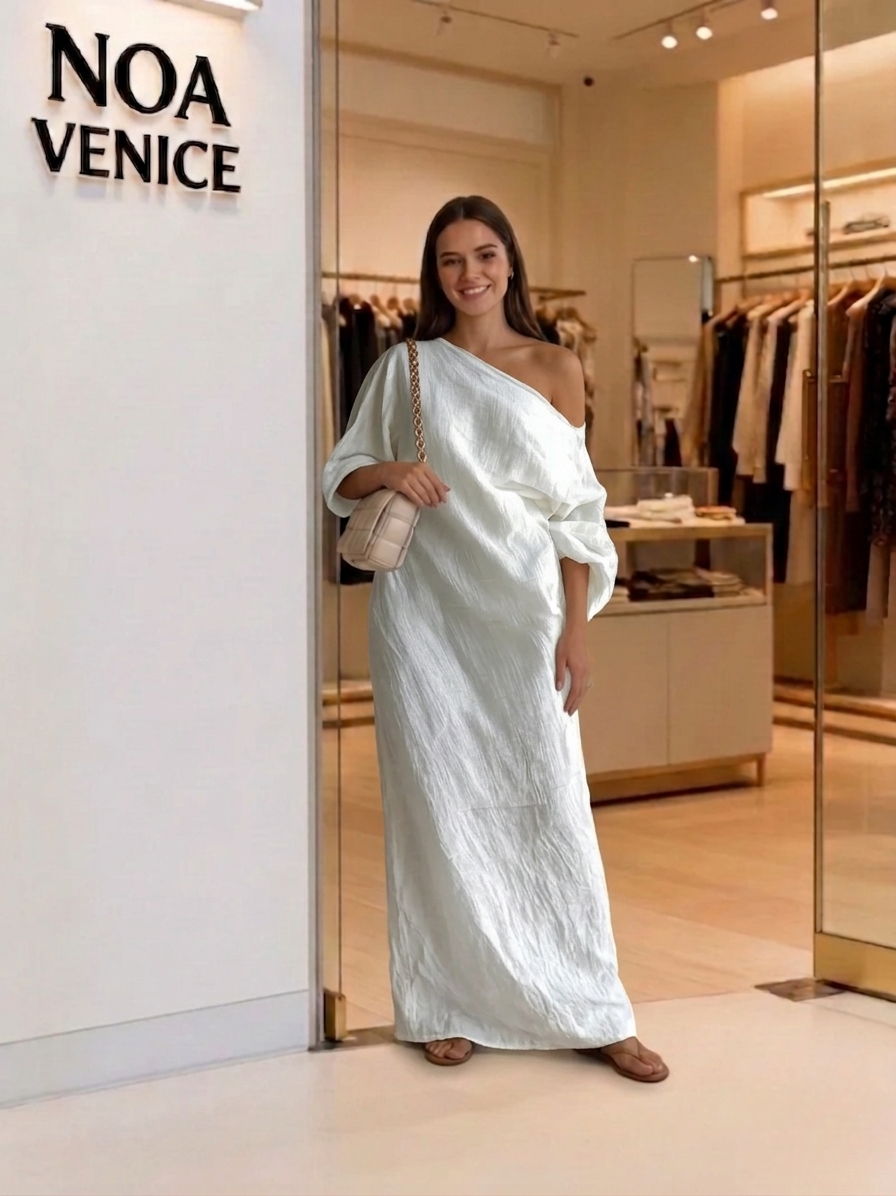 White One-shoulder Flowing Elegant Maxi Dress（No pockets）