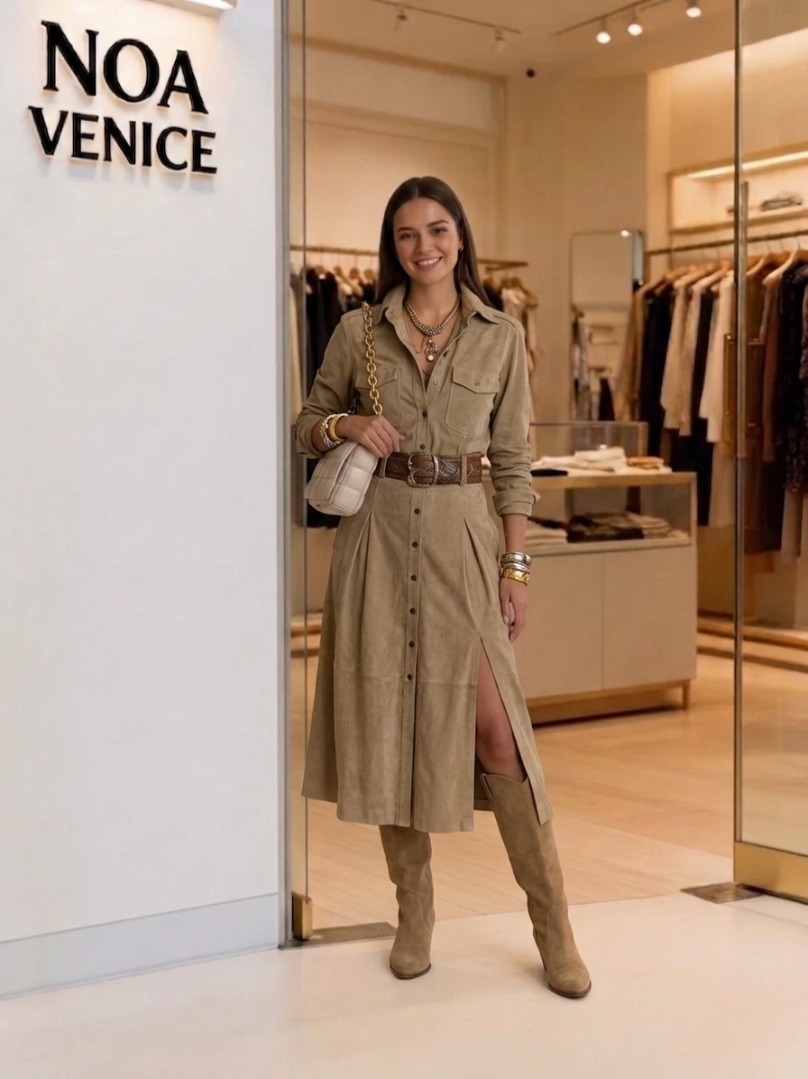 Women's Brown Fashion Suede Midi Dress