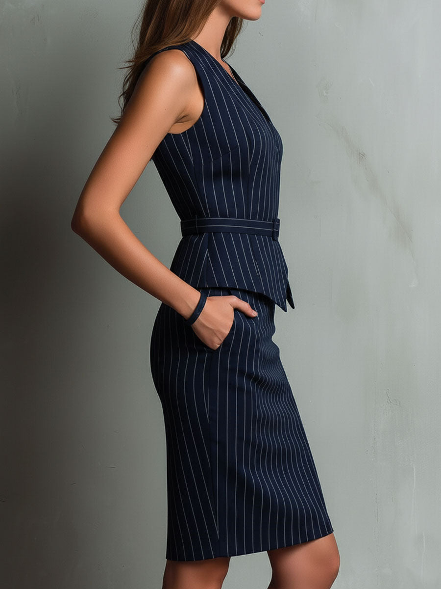 Navy Pinstripe Belted Vest And Tailored Pencil Skirt Set(With belt)