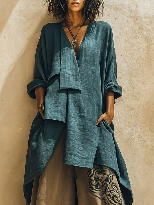 Blue Green Irregular Top And Printed Trousers Casual Suit