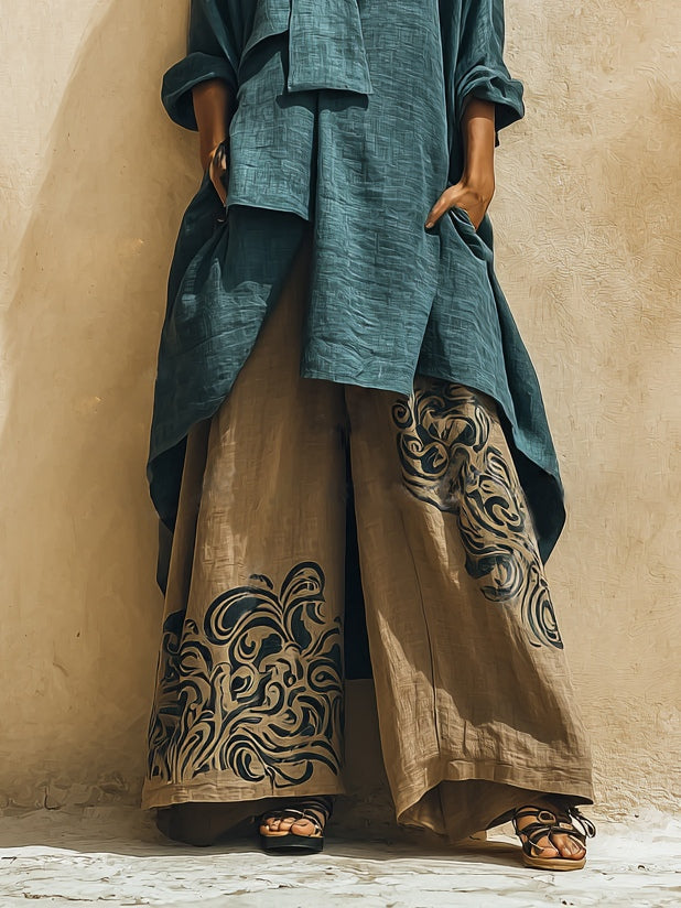 Blue Green Irregular Top And Printed Trousers Casual Suit