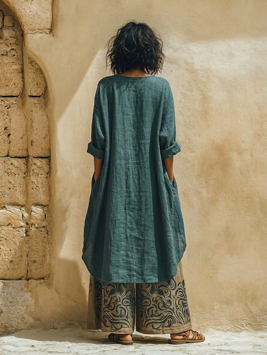 Blue Green Irregular Top And Printed Trousers Casual Suit
