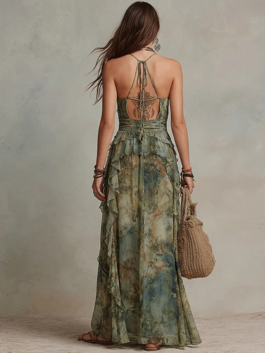 Green Floral Print Chiffon Ruffled Jumpsuit