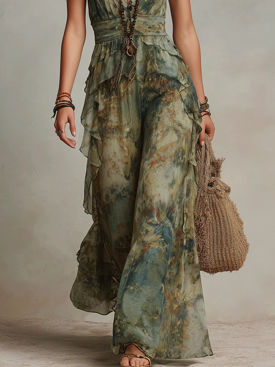 Green Floral Print Chiffon Ruffled Jumpsuit