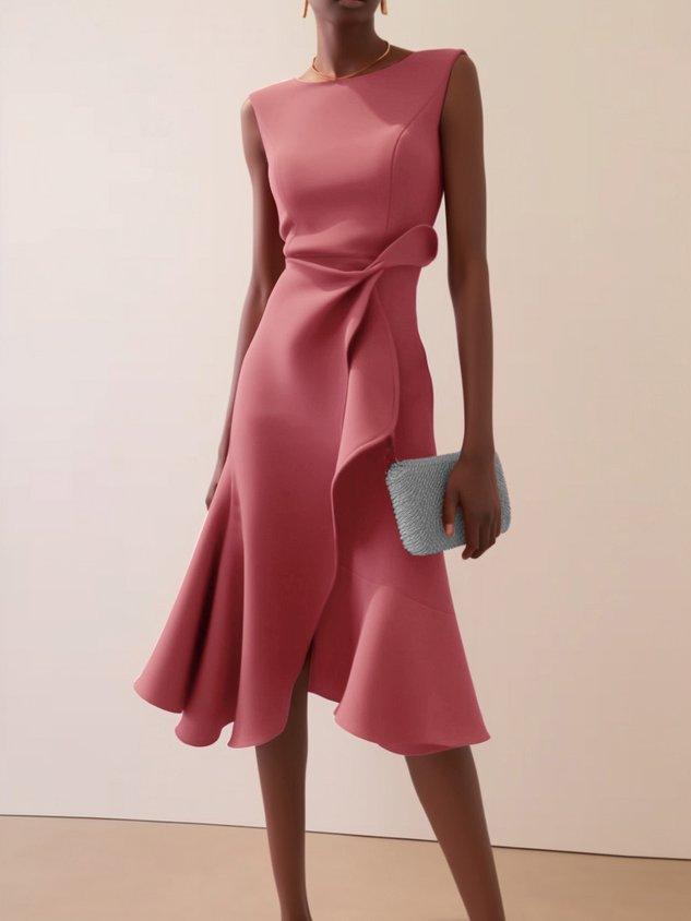 Red Sleeveless Midi Elegant A-line Dress with Waist Twist for Day-to-Night