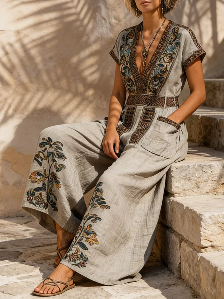 Effortless Bohemian-Style Retro Print Loose-Fit Jumpsuit