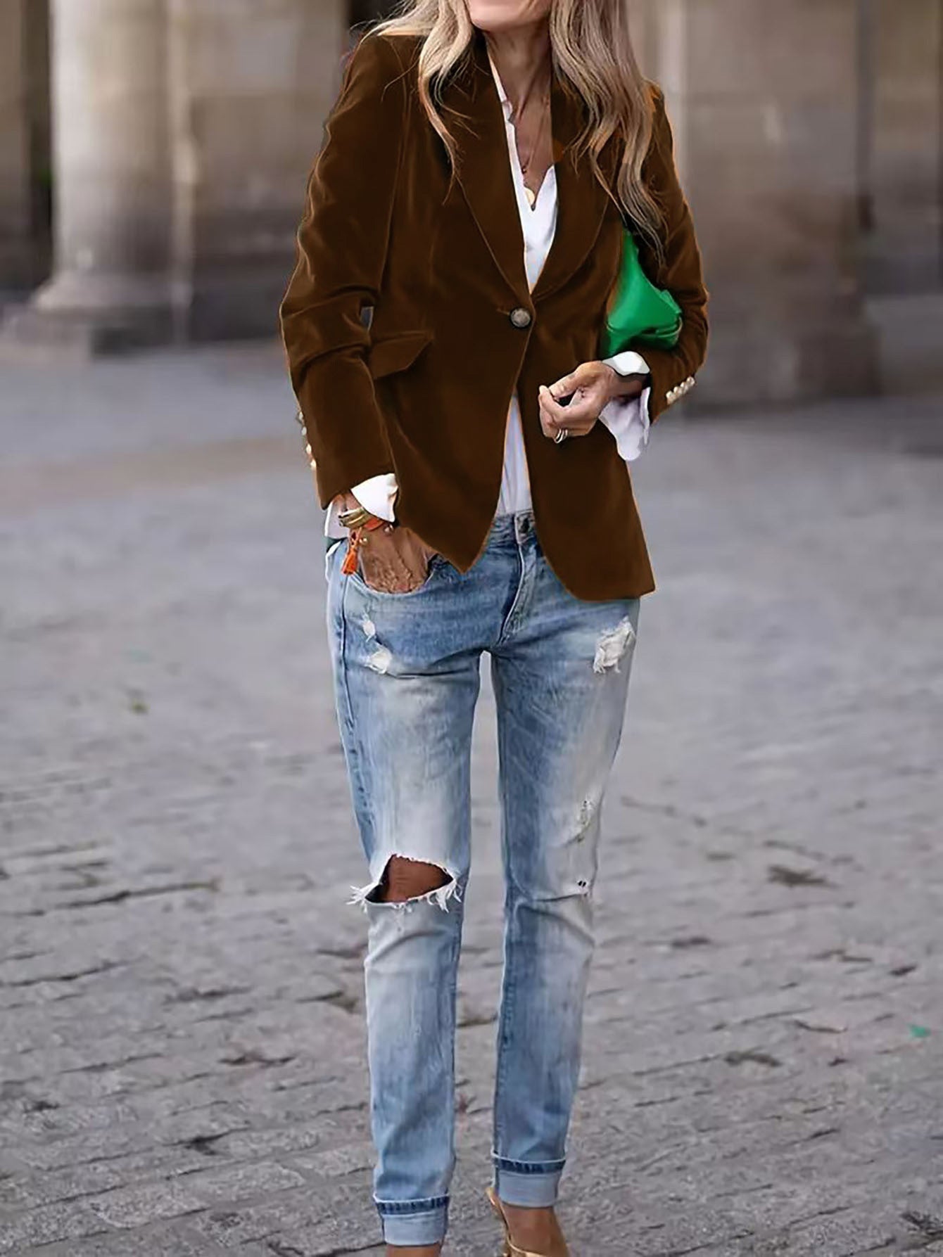 Elegant Velvet Slim-fit Faux Pocket Suit Jacket
