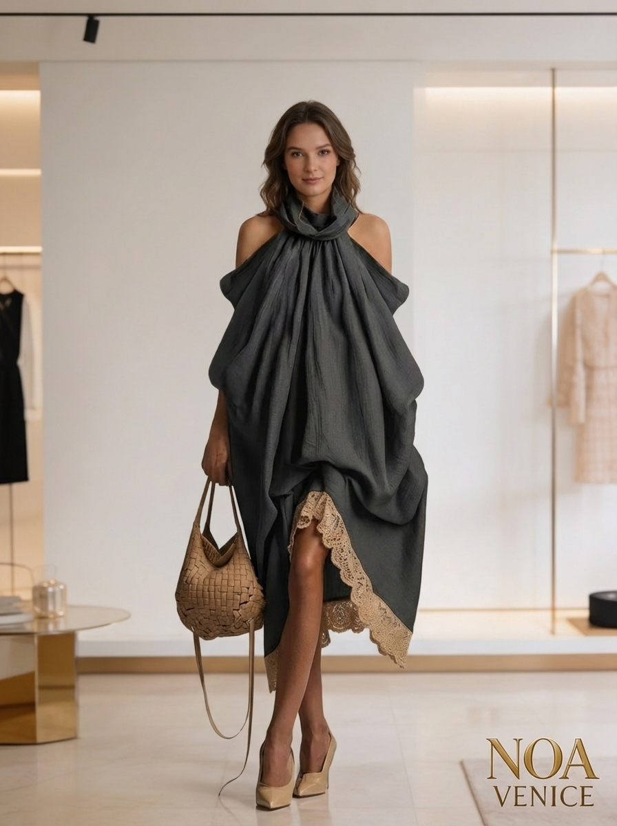 Grey Halter-Neck Loose-Fit Midi Dress with Lace Trim