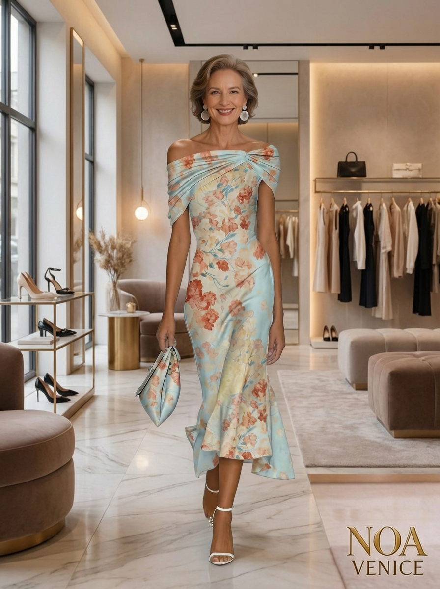 Blue Floral The Shoulder Sleeveless Mermaid Midi Dress