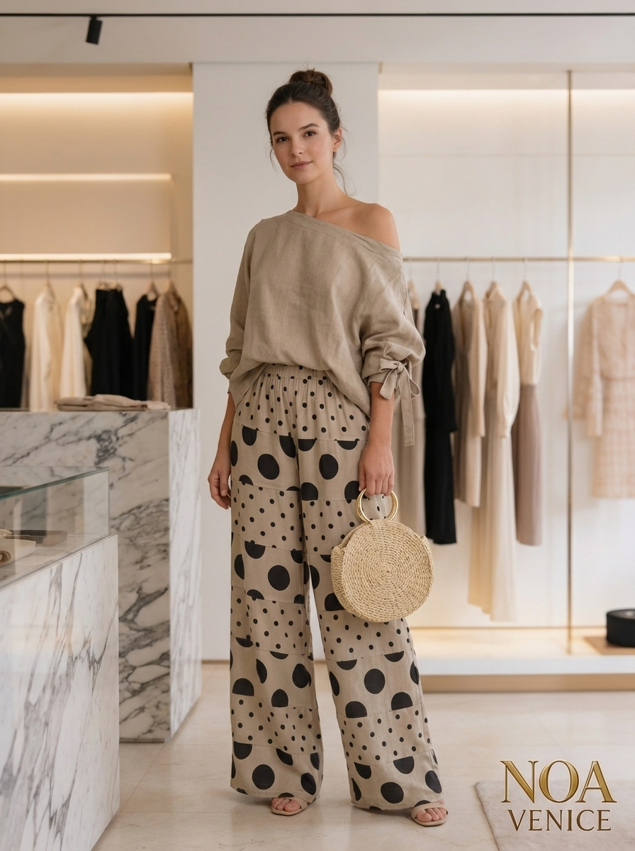 Casual Shoulder Top & Printed Pants Two-Piece Set
