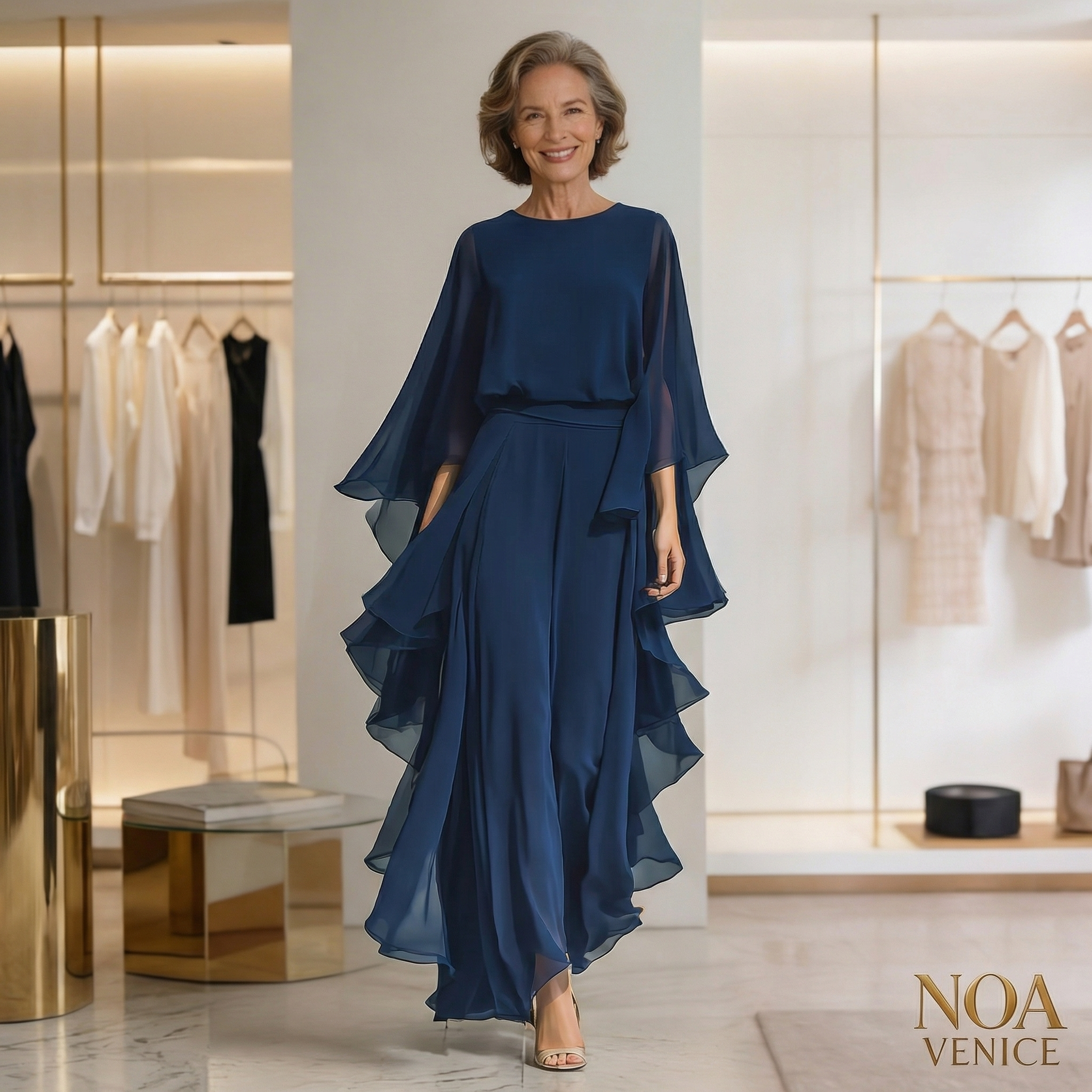 Navy Chiffon Bell-sleeve Top And Ruffled Straight-leg Pants Set