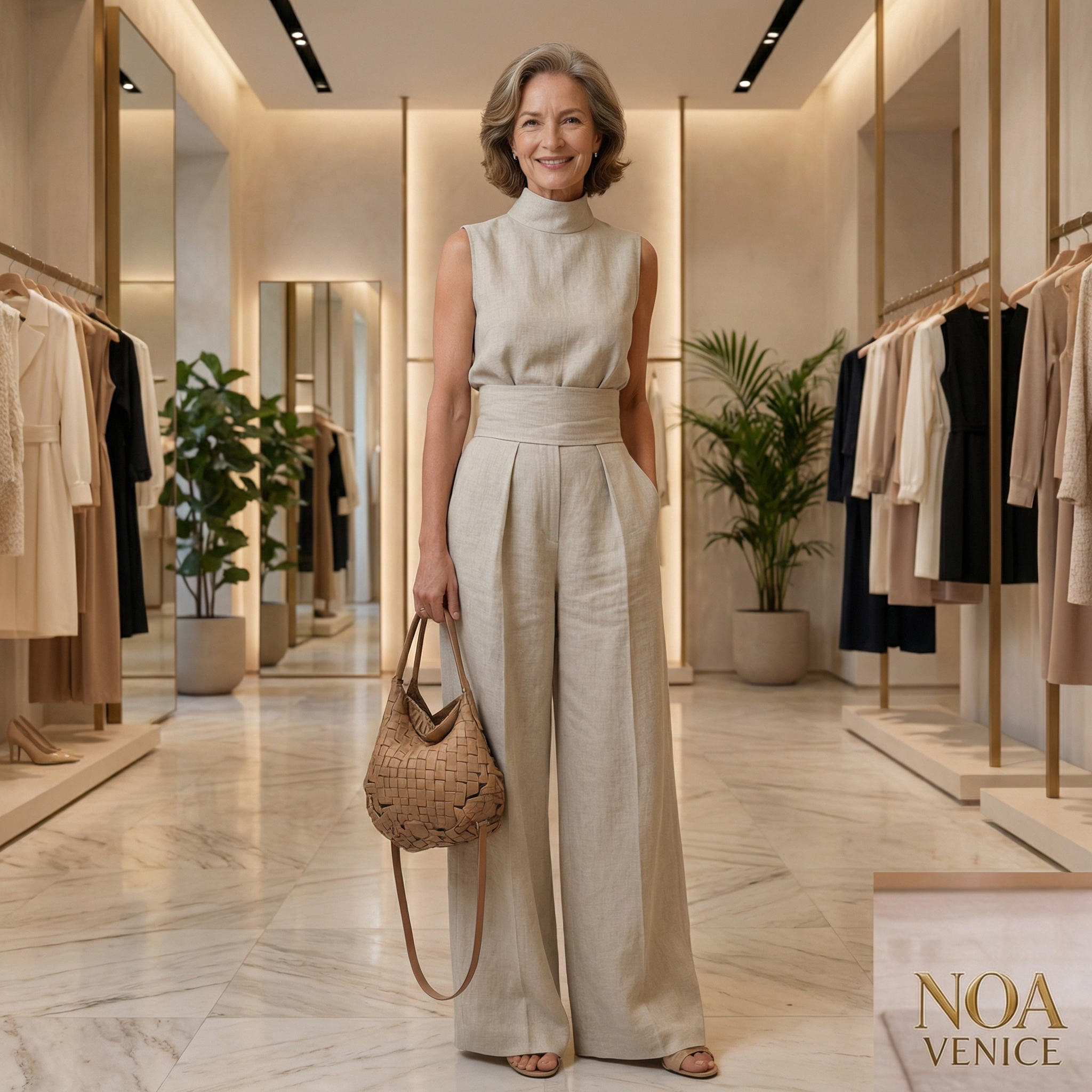 Beige Faux Cotton-linen Blend Sleeveless Top And Wide-leg Pants Set