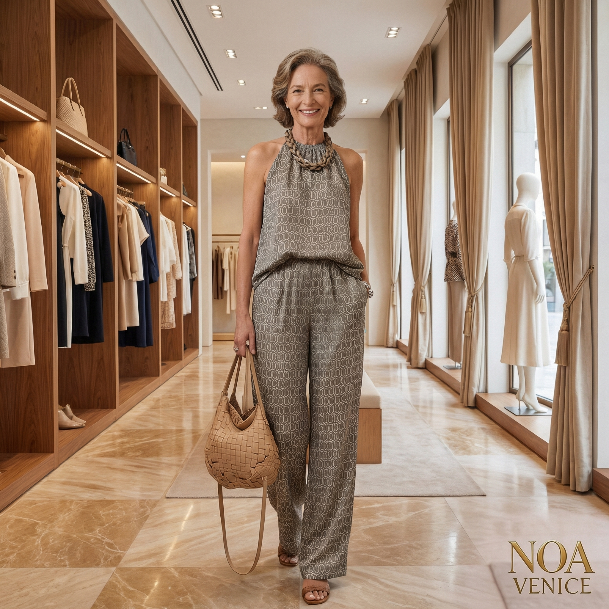 Retro Chain Print Grey Satin Top And Pants Set