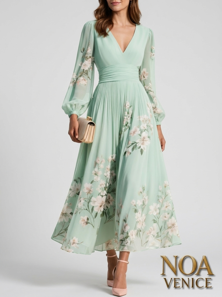 Light Green V-Neck Chiffon Pleated Floral Midi Dress