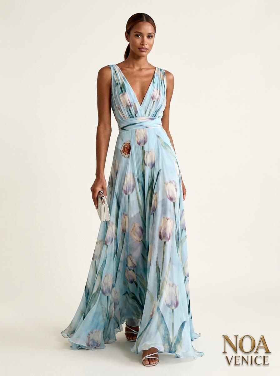 Light Blue Floral Print Chiffon V-neck Sleeveless Maxi Dress