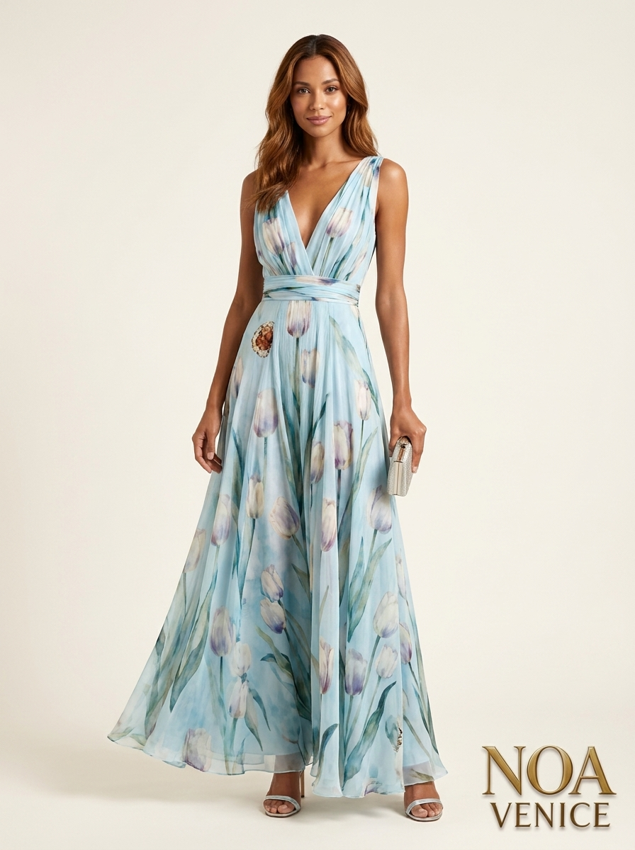 Light Blue Floral Print Chiffon V-neck Sleeveless Maxi Dress