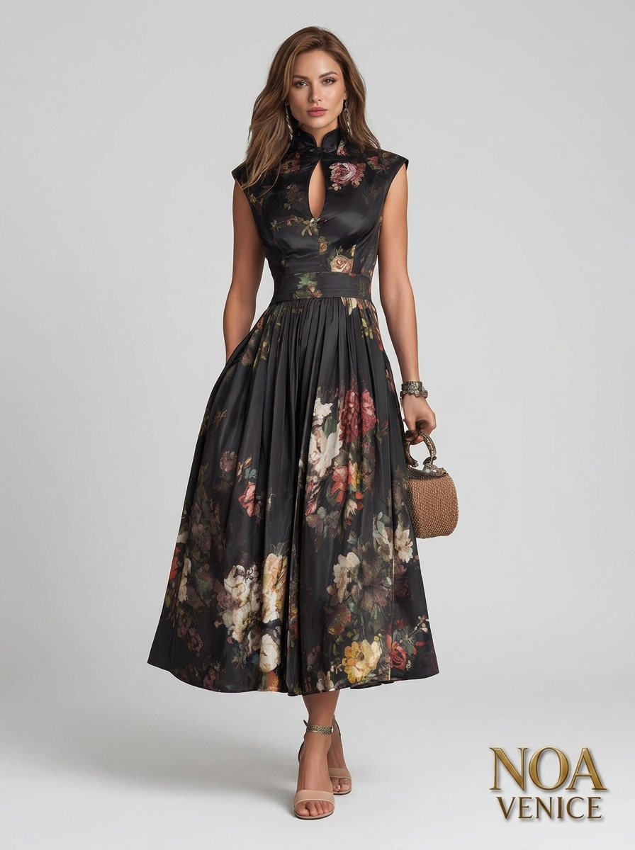 Black Keyhole Collar Floral Pleated Satin Midi Dress