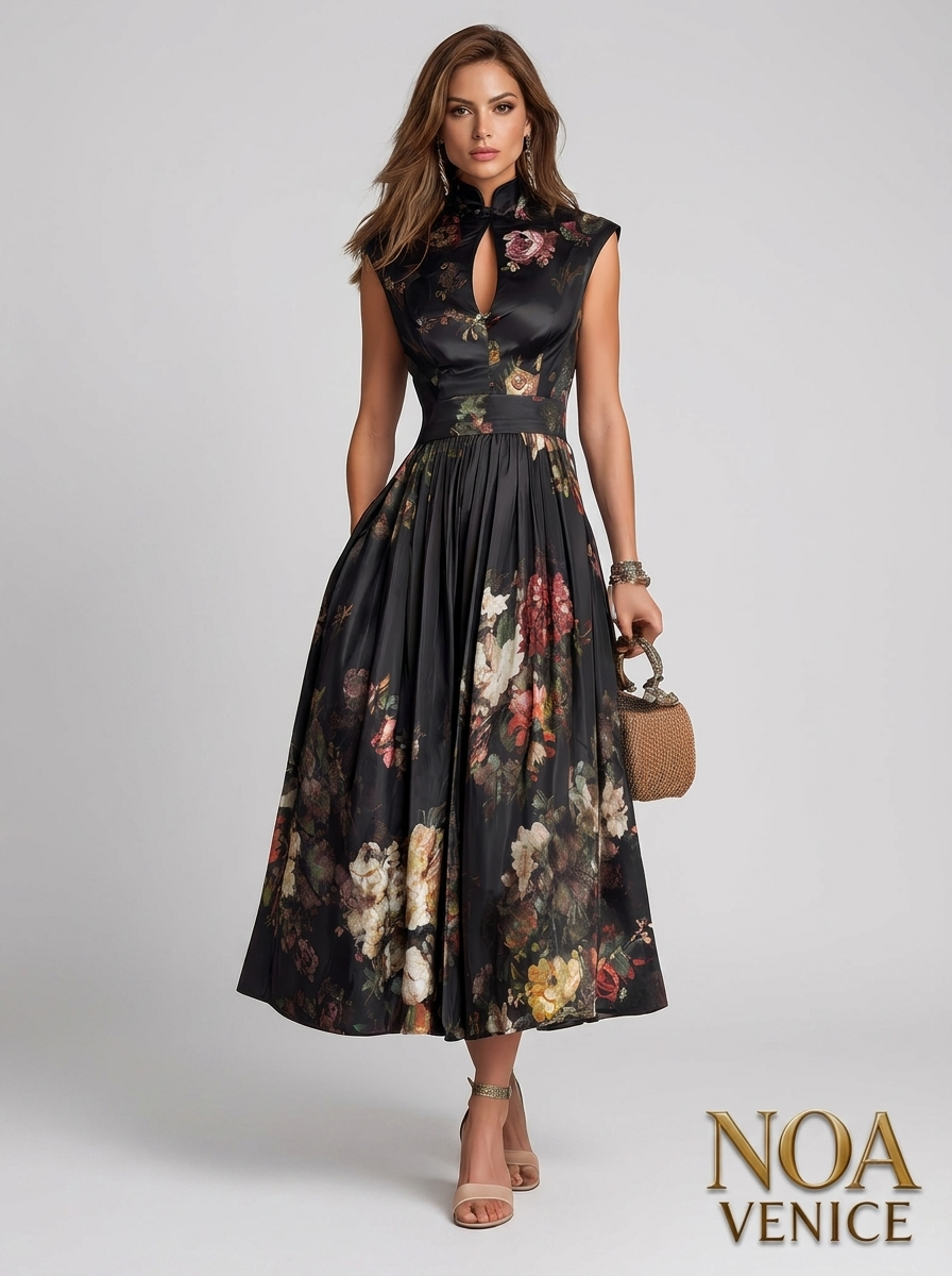 Black Keyhole Collar Floral Pleated Satin Midi Dress