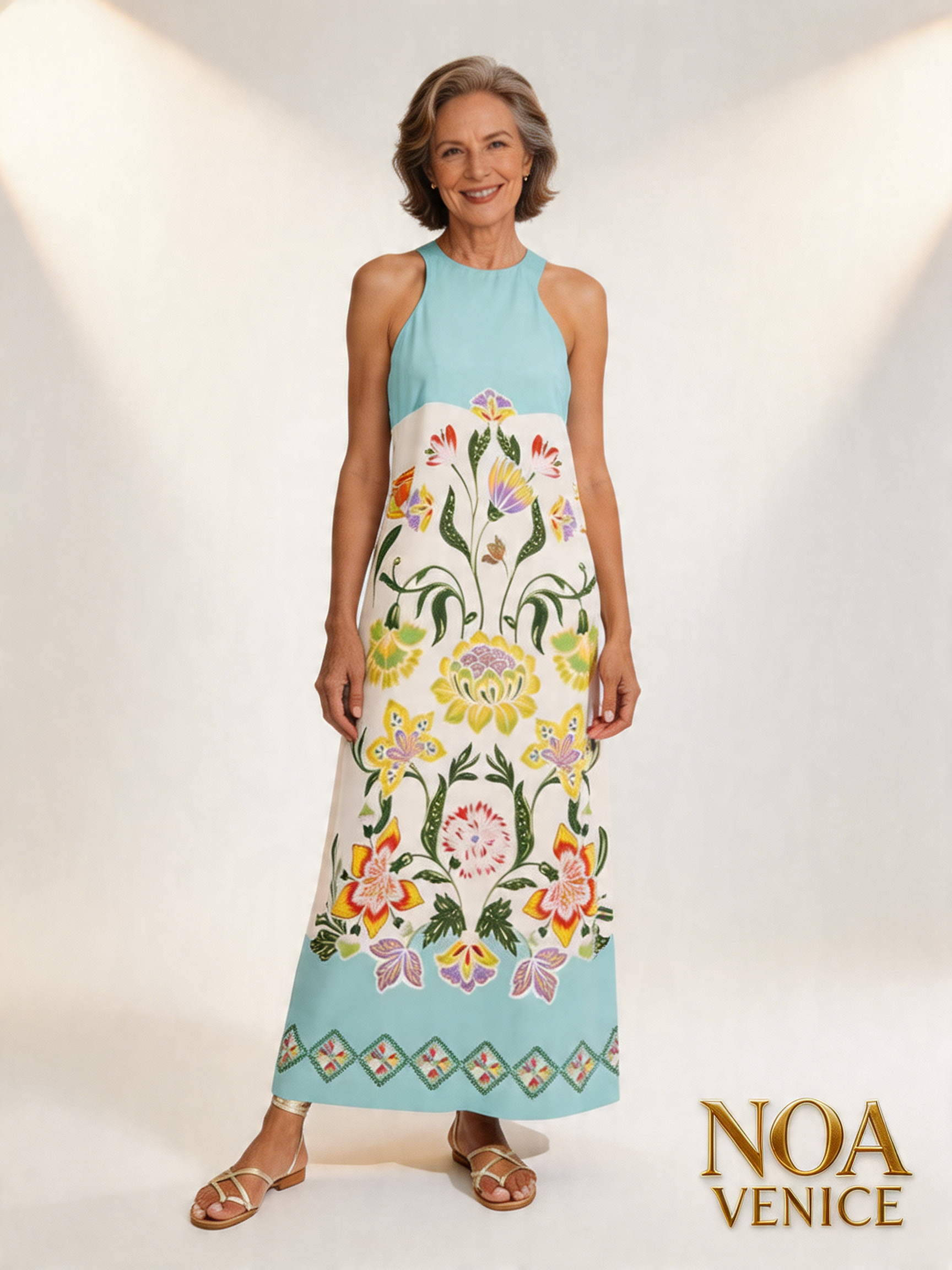 Exquisite Sunshine Floral Print Sleeveless Midi Dress