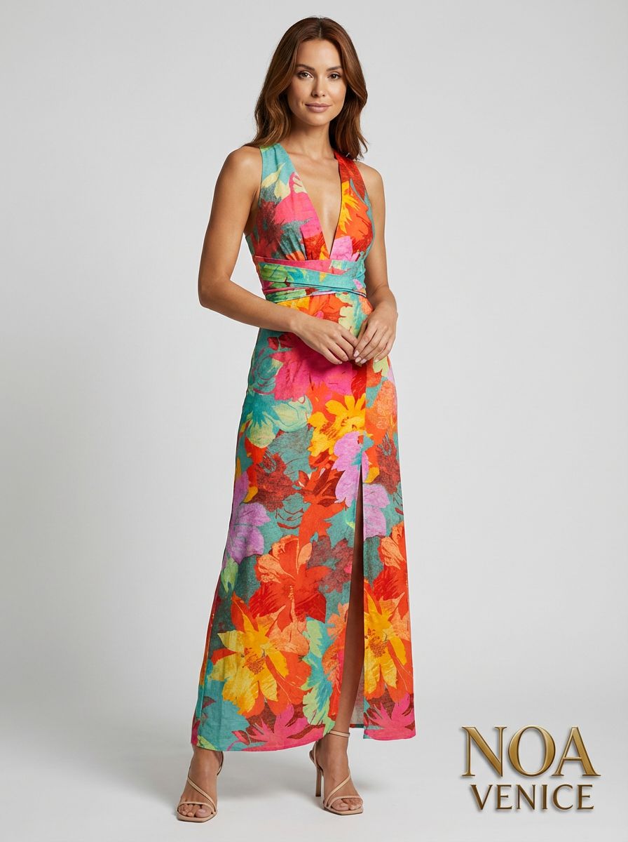 V Neck Sleeveless Tie Back Slit Floral Print Maxi Dress