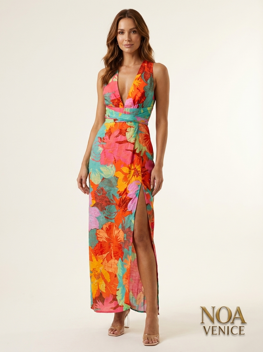 V Neck Sleeveless Tie Back Slit Floral Print Maxi Dress