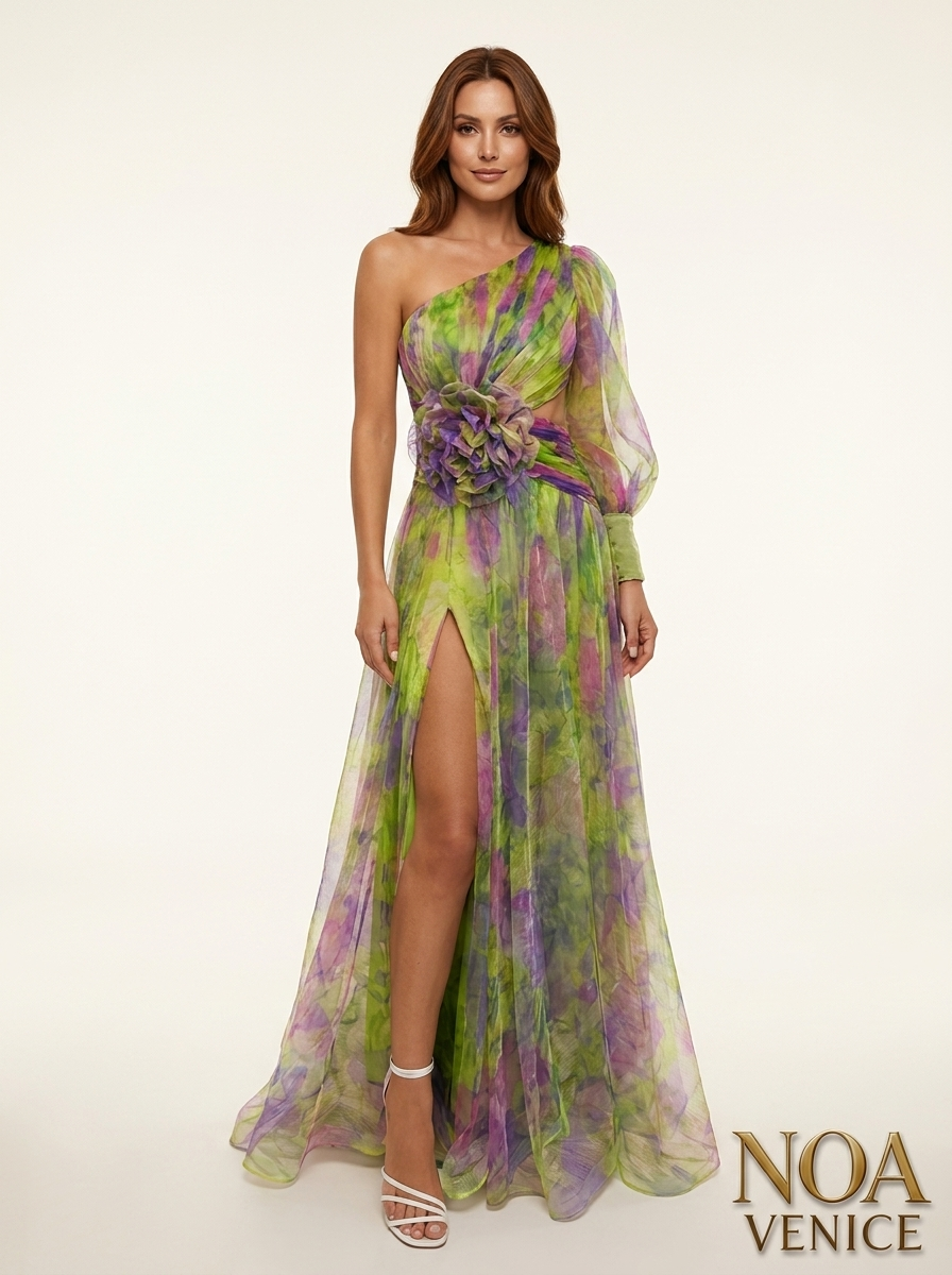 Picturesque Beauty Tulle Floral Pleated One Shoulder Sleeve Slit Maxi Dress
