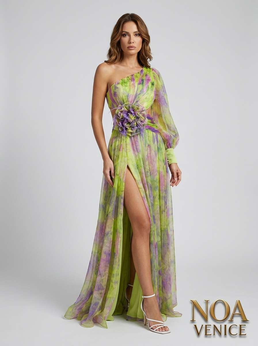 Picturesque Beauty Tulle Floral Pleated One Shoulder Sleeve Slit Maxi Dress