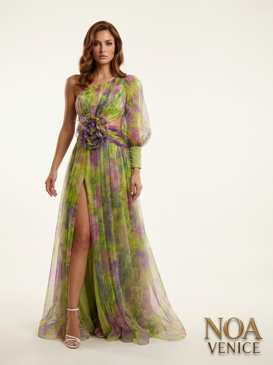 Picturesque Beauty Tulle Floral Pleated One Shoulder Sleeve Slit Maxi Dress