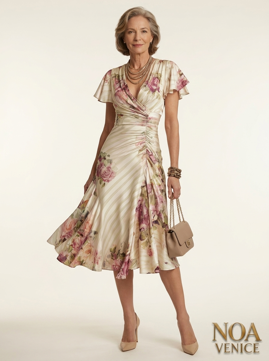 Elegant vintage floral satin midi dress