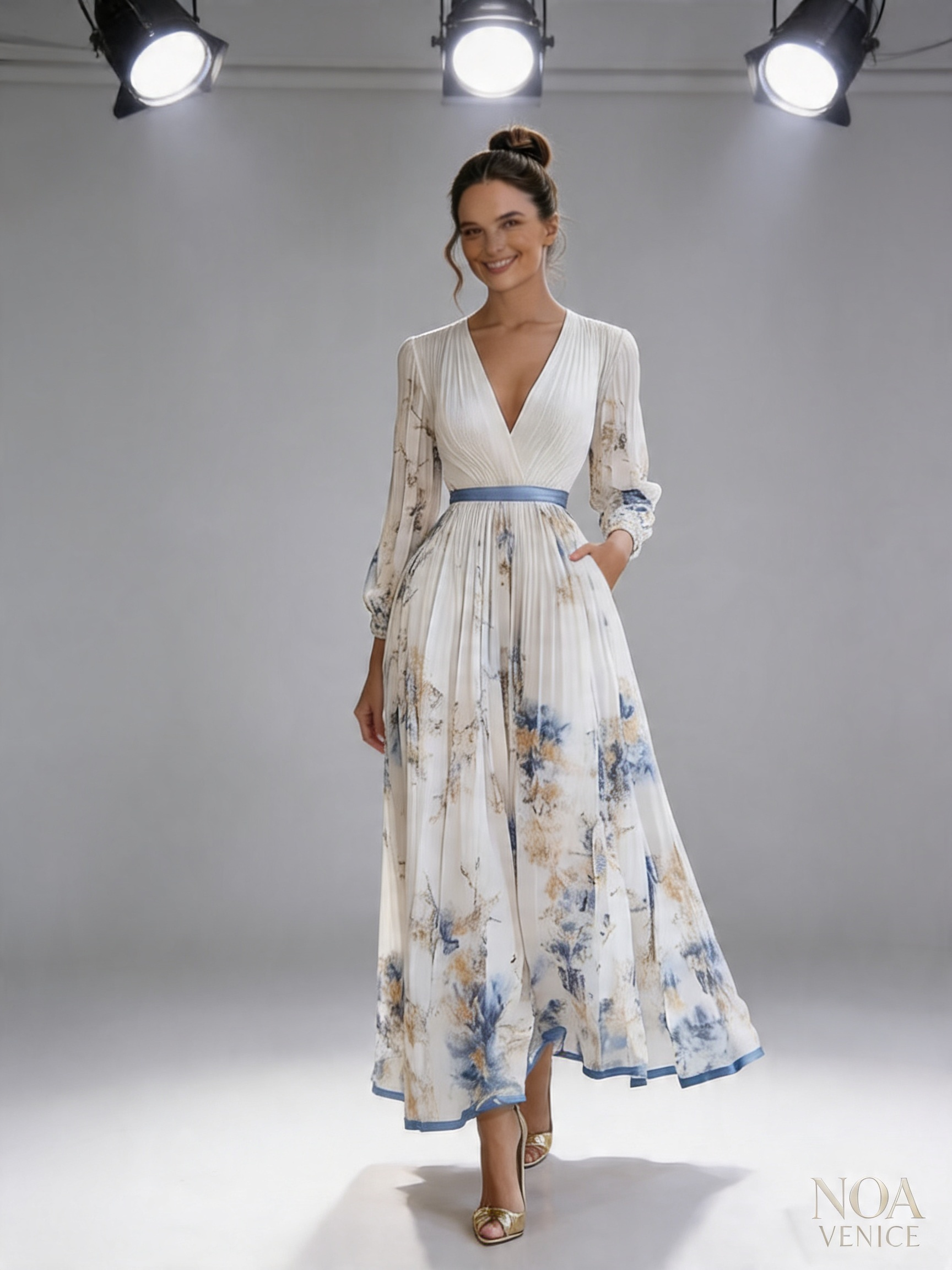 Spring New White Pleated Chiffon V Neck Floral Long Sleeve Balloon Sleeve A-Line Maxi Dress