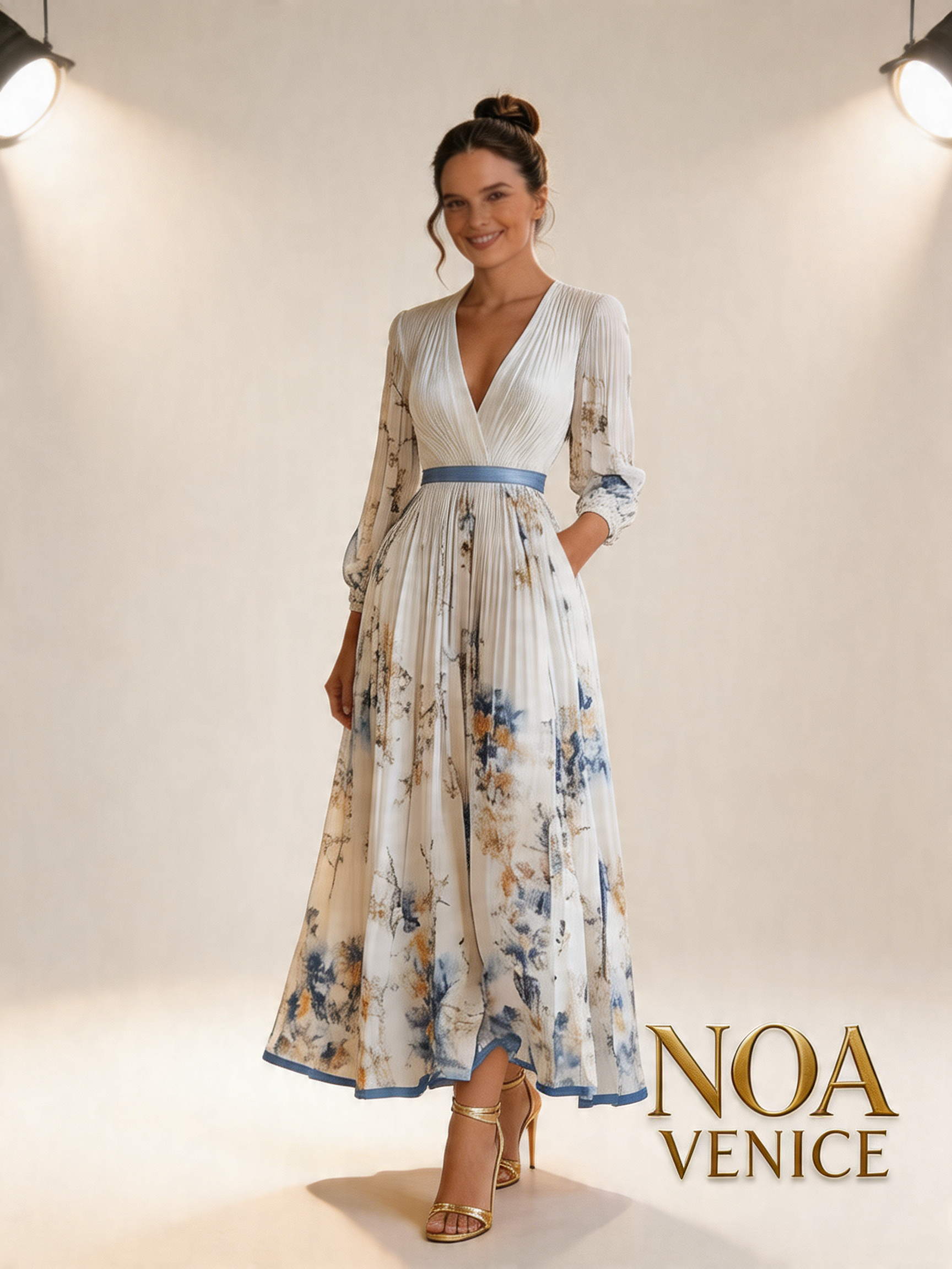 Spring New White Pleated Chiffon V Neck Floral Long Sleeve Balloon Sleeve A-Line Maxi Dress