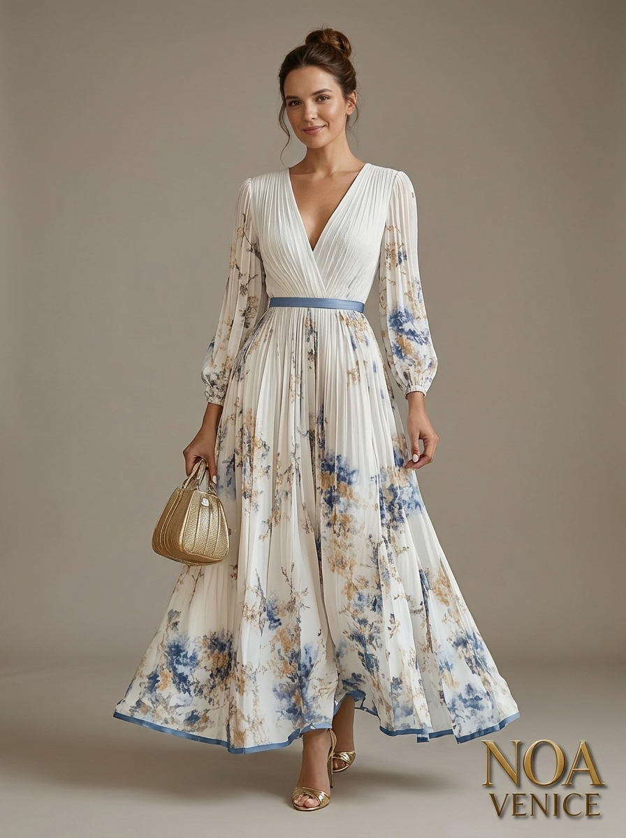 Spring New White Pleated Chiffon V Neck Floral Long Sleeve Balloon Sleeve A-Line Maxi Dress